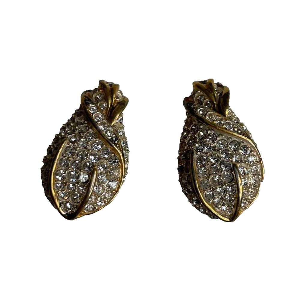 Women's Vinatge Pave Faux Diamond Cluster Gold Stud Clip On Earrings